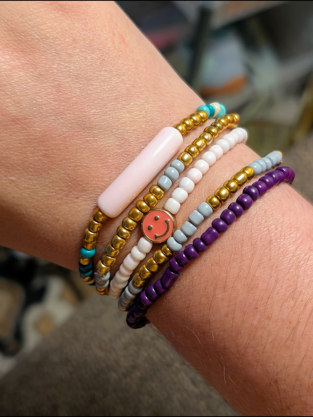 Handmade Multicolor Beaded Wrap Bracelet with Pink Smile Charm